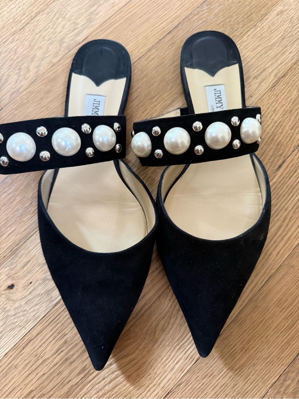 Jimmy Choo Black Suede Pointed-Toe Slide with Pearl Strap